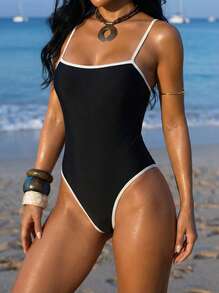 Sultry Sol Polovedo 官方性感纯黑色抹胸式女式连体泳衣 - 黑色 - 查看 1