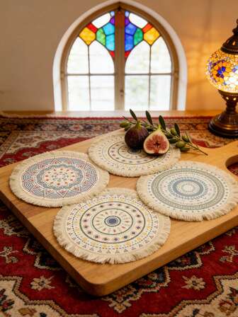 1PC Dining Mat, Fabric Woven Round Mat, Home Kitchen Insulation And Anti Scalding Mat, Tassel Table Coaster, Tassel Table Mat, Geometric Patterned Tassel Coaster, Short Tassel Coaster, Circular Tassel Coaster, Scratch Resistant Table Mat, Wear-Resistant And Dirt Resistant Coaster