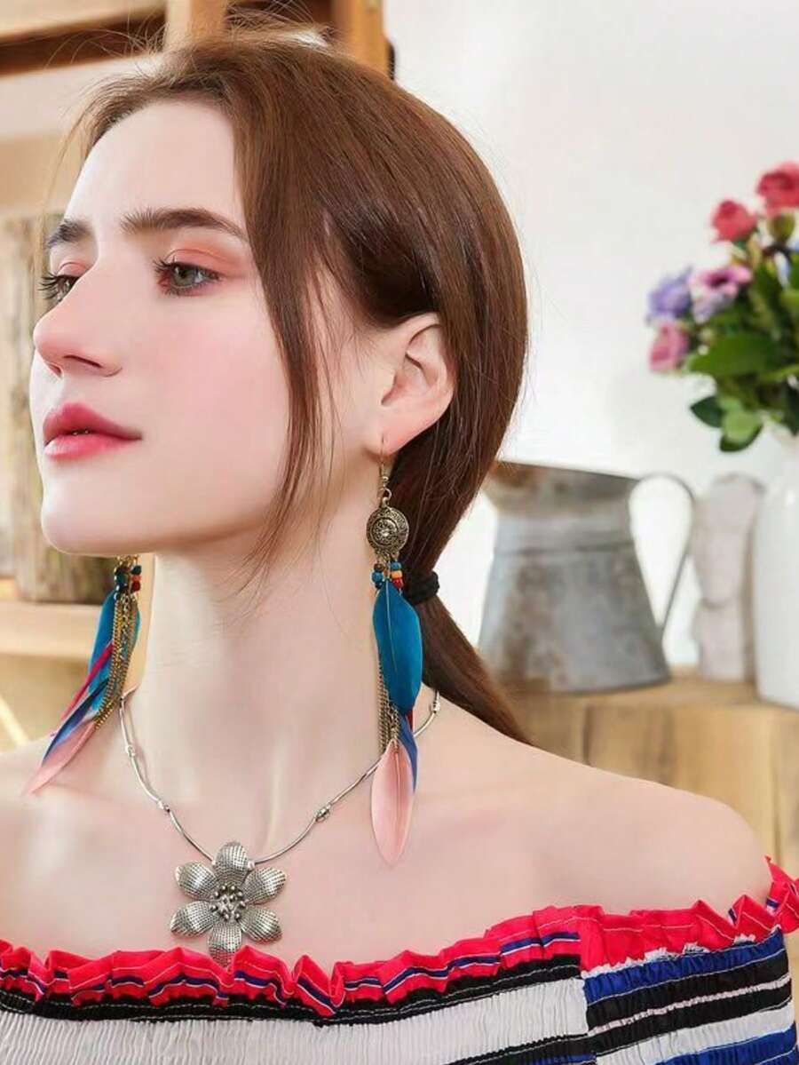 Bông tai tua rua lông vũ kiểu retro, bông tai dài phong cách Bohemian dành cho nữ. - lông vũ - Xem 1