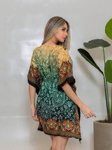 KIARA BRAZIL Women's Short Printed Boho Chic Dress | Loose Kaftan With Tie And V-Neck – Summer - AE-25111 - 綠色 - 查看 4