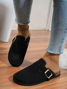 Women's Black Fashionable Thick Sole Casual Slip-On Flat Sandals, Round Toe With Square Buckle, Suitable For Everyday Wear And Birkenstocks - Black - View 2