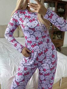 SANRIO Hello Kitty 女士睡衣套装（两件套），长袖上衣和裤子，可爱多彩，时尚百搭，适合春秋季穿着。 - 淡紫色 - 查看 2