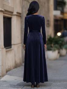 Women's Solid Color Christmas Elegant Vintage Party Tie Front Bow Velvet Dress, Autumn/Winter, Suitable For Holiday, Wedding, Formal Dinner, Date, Birthday Party, Garden Party, Photo Shoot, Valentine's Day, New Year - Royal Blue - View 3