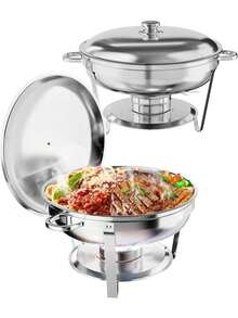 Plato de chafing de acero inoxidable para buffet, platos de chafing redondo 5QT con soporte de tapa, chafers de paquete 2/4/6 y calentadores de alimentos con cuchara y pinzas para fiestas, bodas, plata - 2 paquetes - Ver 1