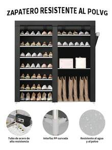12 Niveles Zapatera Doble Organizador Cubierta de Tela Impermeable, Estante con Estructura de Acero de 7 Niveles, Zapatero Ahorrador de Espacio, Multifuncional de Fácil Armado, a prueba de polvo y humedad, negro, para armario, dormitorio, uso en interiores, organizador de almacenamiento de zapatos, elementos esenciales para la habitación de la residencia, diseño contemporáneo. - Negro - Ver 2