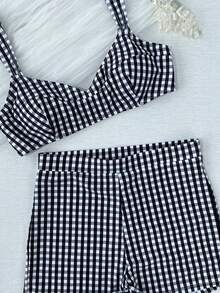 Women's Summer Beach Plaid Casual Fashion Bikini Swimsuit Set - Multicolor - View 4