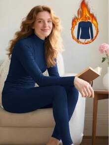 1 Set Women Navy Blue Turtleneck Thermal Underwear Set, Fashionable Design, Slim Fit, Warm & Comfortable, Elastic, Autumn/Winter Gift - Navy Blue - View 7
