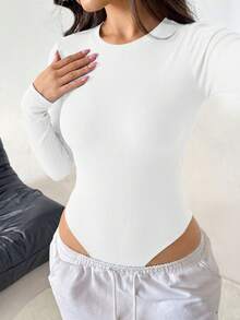 Bodys de mujer de manga larga, ajustados y acanalados, esenciales de estilo para el otoño y el invierno - Blanco - Ver 3