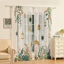 2 Pcs Ramadan Gauze Curtain Set, Featuring Plant, Moon, And Lantern Patterns, 2D Printed Design, Sheer Fabric, Suitable For Living Rooms, Bedrooms, Balconies, And Dining Rooms, Perfect For Bohemian And Islamic Style Home Decor, With A Rod Bag Style. - Multicolor - View 6