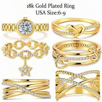 1 ชิ้น แหวนชุบทอง 18K ไซส์ USA 6-9 สำหรับผู้หญิง ใส่ได้ทุกฤดูกาล เหมาะสำหรับงานแต่งงาน ลำลอง เป็นทางการ เครื่องประดับสำหรับเป็นของขวัญ เหมาะสำหรับวันวาเลนไทน์และวันนักบุญแพทริก