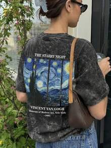 夏季新款简约时尚梵高艺术油画风格印花休闲圆领扎染短袖T恤，时尚百搭女式黑色度假上衣 - 黑色 - 查看 9