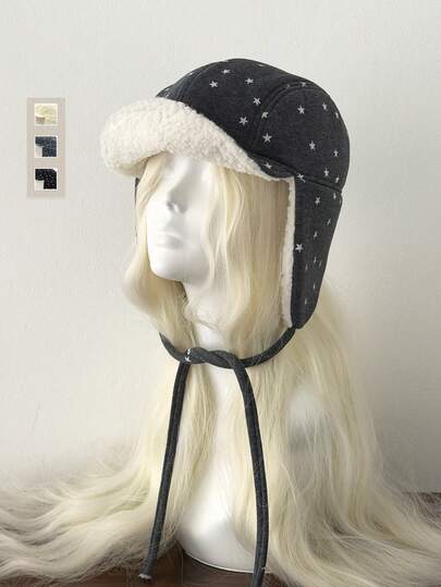 1顶波点星形图案乌沙卡抓绒飞行员帽，双面保暖护耳帽，适合户外骑行，秋冬季