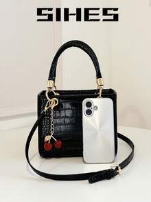 1 pieza Bolso de mano de gran capacidad de cuero PU de unicolor para mujeres, con correa de hombro ajustable, para llevar cruzado o al hombro, con colgante de cereza, cierre con cremallera, diseño de textura de cocodrilo, adecuado para chicas, damas, estudiantes universitarias, jóvenes profesionales, oficina, escuela, trabajo, negocios, viajes, compras - Negro - Ver 3