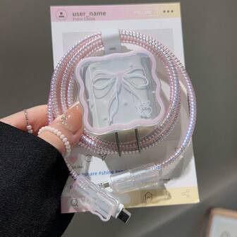 Set de 5 piezas: Organizador de cables con lazo rosa, organizador de cables, cable de datos anti-rotura, protector de cabezal de carga TPU, adecuado para iPhone 17/16/15 y cable de carga rápida de 18/20W