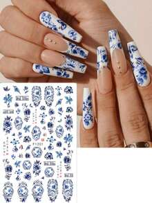 2片装蓝白瓷器风格花朵美甲贴纸 复古中国风春日窗景汉字古诗夏季美甲用品 美甲设计装饰配件 - 彩色 - 查看 2