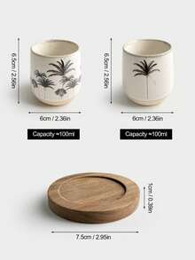 4pcs Minimalist Ceramic Mini Espresso Cups Set With Wooden Tray, Small Capacity Concentrated Coffee Cups, Coconut Tree Design Tasting Cups, Suitable For Home, Office, Cappuccino, Latte, Couple Cups