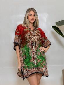 KIARA BRAZIL Women's Kaftan  Print Short Boho | Loose Dress Summer Beach Vacation - AE- 25103 - 紅色 - 查看 3