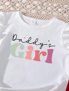 Tween Girl Letter Print T-Shirt And Front Button Skirt Casual 2-Piece Set - Green - View 3