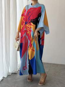 1件女款大碼拼色印花立領單排扣落肩袖晨袍，優雅度假派對長袍，女友秋季度假穿搭 - 藍色 - 查看 4