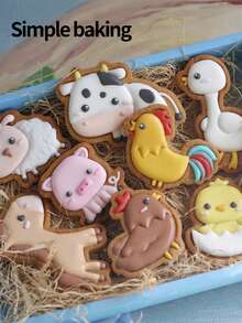 A Cute Farm Series Cookie Cutter, A Family Kitchen Parent-Child Baking Tool, Cake Decorations With Cartoon Animal Patterns (Cows, Geese, Horses, Chicks, Piglets), Cookie Stamps, Frosting Cookie Shaper - White - View 2