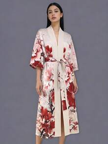 日式印花中长款和服罩衫薄外套，优雅欧美风，休闲街头风罩衫，沙滩度假旅行披肩，轻便斗篷外套，浴衣 - 粉色 - 查看 3