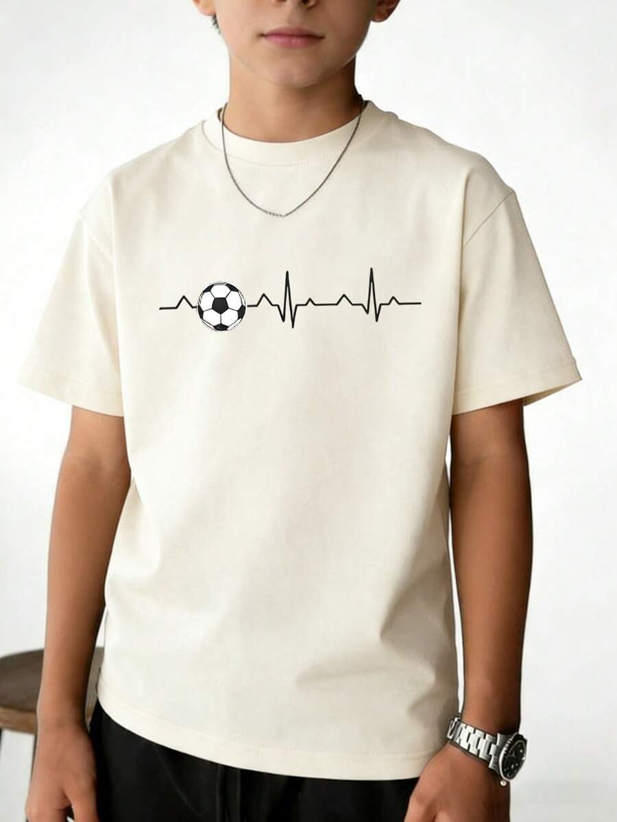 一件足球印花圆领短袖T恤，适合喜欢足球运动的男孩，夏季套头衫。 - 杏色 - 查看 1