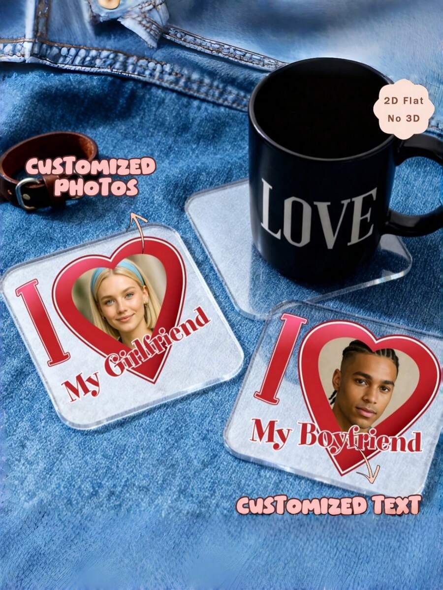 1Pc Custom Photo Coaster - Personalized "I Love My Boyfriend/Girlfriend" Heart Design, Customize With Your Photo And Text, Couple Acrylic Coasters, Valentine's Day, Birthday Gift - Multicolor 6 - View 1
