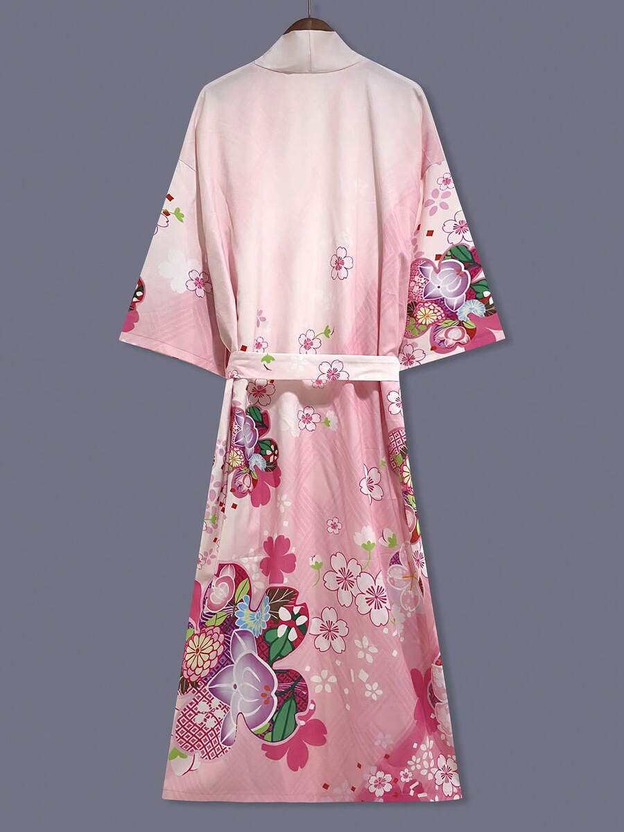 日式印花中长款和服开衫薄外套，欧美优雅风，春夏街头休闲罩衫，海滩度假旅行羽织，薄款斗篷外套，浴衣罩袍 - 粉色 - 查看 1