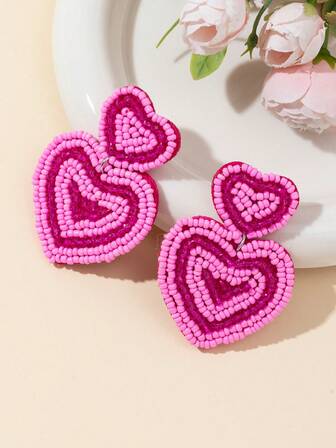 1 Pair Valentine's Day Red Heart Beaded Handmade Fashion Love Gift Earrings For Women