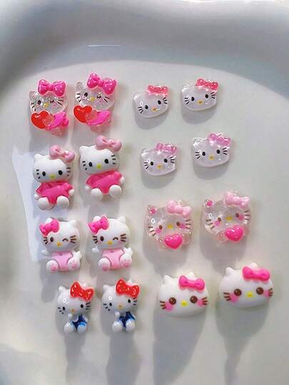 Sanrio 10Pcs Hello Kittys Mini Resin Ornaments And Accessories Cute Cartoon Style With Bows DIY Nail Art Accessories Suitable For Nail Art And Mobile Phone Decorations