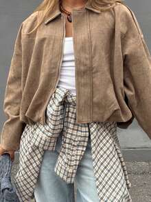 Women's Fashionable Versatile Suede-Feel Collar Casual Bomber Jacket, Autumn/Winter