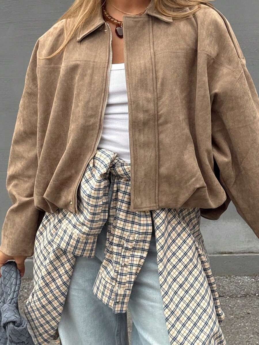 女士时尚百搭绒面革领休闲飞行员夹克，秋冬 - 卡其色 - 查看 1