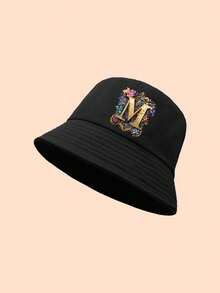 1 Stück Blume Muster 26 Buchstaben Kinder Fischerhut, modisch & vielseitig, geeignet für Mädchen Rückkehr zur Schule Alltagskleidung und Sonnenschutz - Schwarz - Übersicht 7