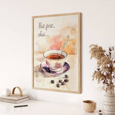 1 件水彩茶杯墙画，奶茶海报，“先喝茶”，复古厨房艺术，波西米亚斋月装饰。
