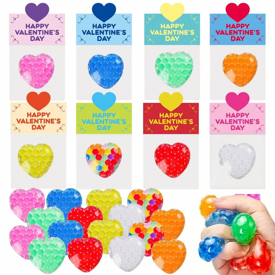 8/16/32个情人节心形减压球，附赠礼品卡，可挤压，适合男孩、女孩、儿童和成人，是情人节派对礼物、课堂奖励、礼物交换、学校奖品和礼品填充物的完美之选，颜色和款式随机。 - 情人節 - 查看 1