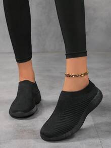 Women's Breathable Knitted Casual Flat Loafers, Easy Slip-On And Comfortable, Black - Black - View 5