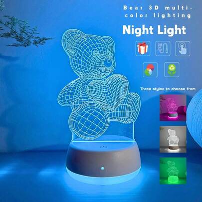 1pc 3D Fantasy 3-Color & 7-Color & Cracked 7-Color Cute Bear Night Light Decor, Bedroom LED Lamp, Home Bedroom Desk Decor, Christmas Decor, Fancy Lighting, LED Room Light, Birthday Gift