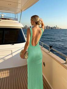 露背性感优雅无袖针织毛衣连衣裙，适合女性度假穿着 - 綠色 - 查看 2