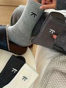 1/3/4/5双装女士蝴蝶结袜，时尚格子灰色中筒袜，适合秋冬季穿着 - 彩色 - 查看 3