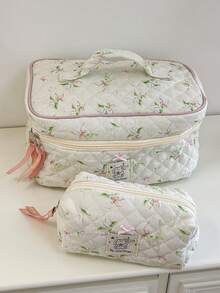 1pc Friend Gift Green Floral Bow Plaid Quilted Girls Makeup Bag, Portable Large Capacity Cosmetic Bag With Zipper, Suitable For Travel And Vacation Essentials, Can Store Sanitary Pads, Keys, Phone, Charger, Lipstick, Cosmetics, Perfume, Makeup Brushes, Etc., Can Be Used As Skincare And Beauty Product Storage Bag, Suitable For Women, Students, Female Students, Also An Ideal Choice For Holiday And New Year Gifts. - Green - View 6