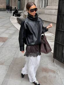 New Vintage Bomber Leather Jacket, Solid Color Casual Zipper Pocket Jacket, Regular Fit - Black - View 8