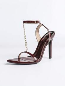 Jin Bei Qi 女士尖头纯色漆皮金属链条装饰踝带搭扣露趾户外派对细高跟凉鞋，时尚、优雅、迷人，适合所有季节，派对、宴会、浪漫场合，酒红色高跟鞋 - 酒紅色 - 查看 8