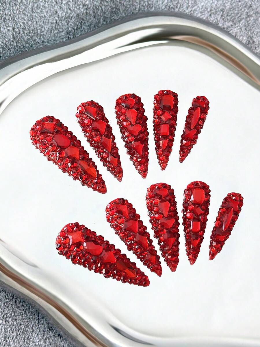 Y2K 45MM Extra-Long Stiletto Nails Handmade Press-On Nails With Transparent Tips, Red Rhinestones & Sparkling Full-Coverage 3D Designs - Full Cover DIY Glitter Artificial Nails, False Nails For Parties, Outdoor, Beach, Daily, Holidays, Gatherings, Work & Special Events - 10 Pieces/Bag - 彩色 - 查看 1