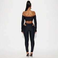 Women's 2026 Spice Girls Shoulder Long Sleeve Short Top Hollow Tights Pants Set - màu đen - Xem 4