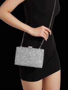 Elegant Women's Rhinestone Evening Clutch, Sparkling Luxury Rhinestone Jewelry Set Sparkling Necklace Earrings Bracelet Set Glitter Charming Clip Box Bag, Set Of 4 Rhinestone Ear Clips Bridal Wedding Choker Bracelet Pendant, Sparkling Purse, Perfect For Party, Wedding, Prom, Dinner/Banquet, Wedding Dress, Formal Wear, Prom Dress, Birthday Dress - Silver - View 7