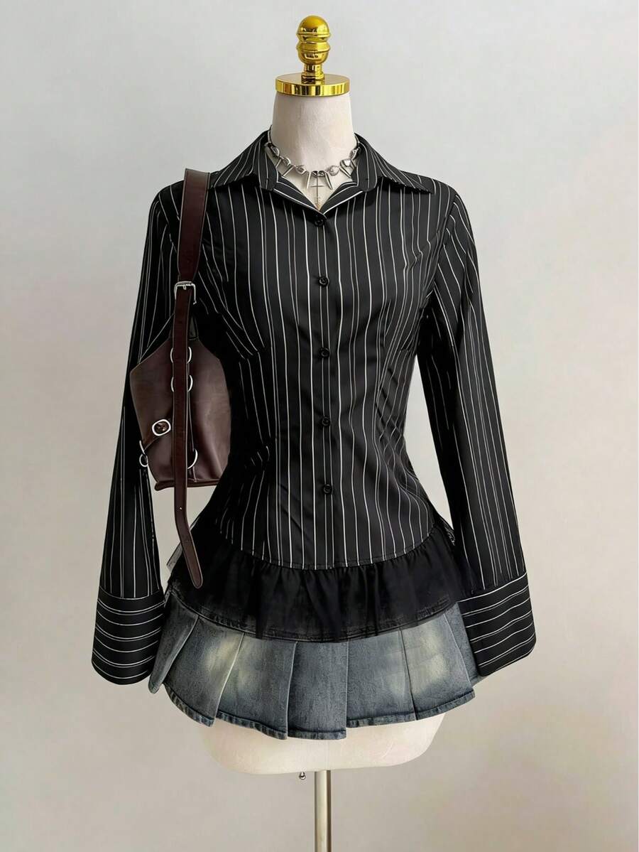1pc Women's Fashionable Striped Blouse, High-Quality Casual Top Suitable For Daily Wear, Spring/Summer Back To School Party Black - Black - View 1