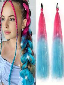 2pcs Ombre Braiding Hair Extensions, Colorful Braided Ponytail Extensions With Shiny Sequins, 26 Inch Extra Large Ponytail Extensions, Suitable For Girls - Multicolor - View 17
