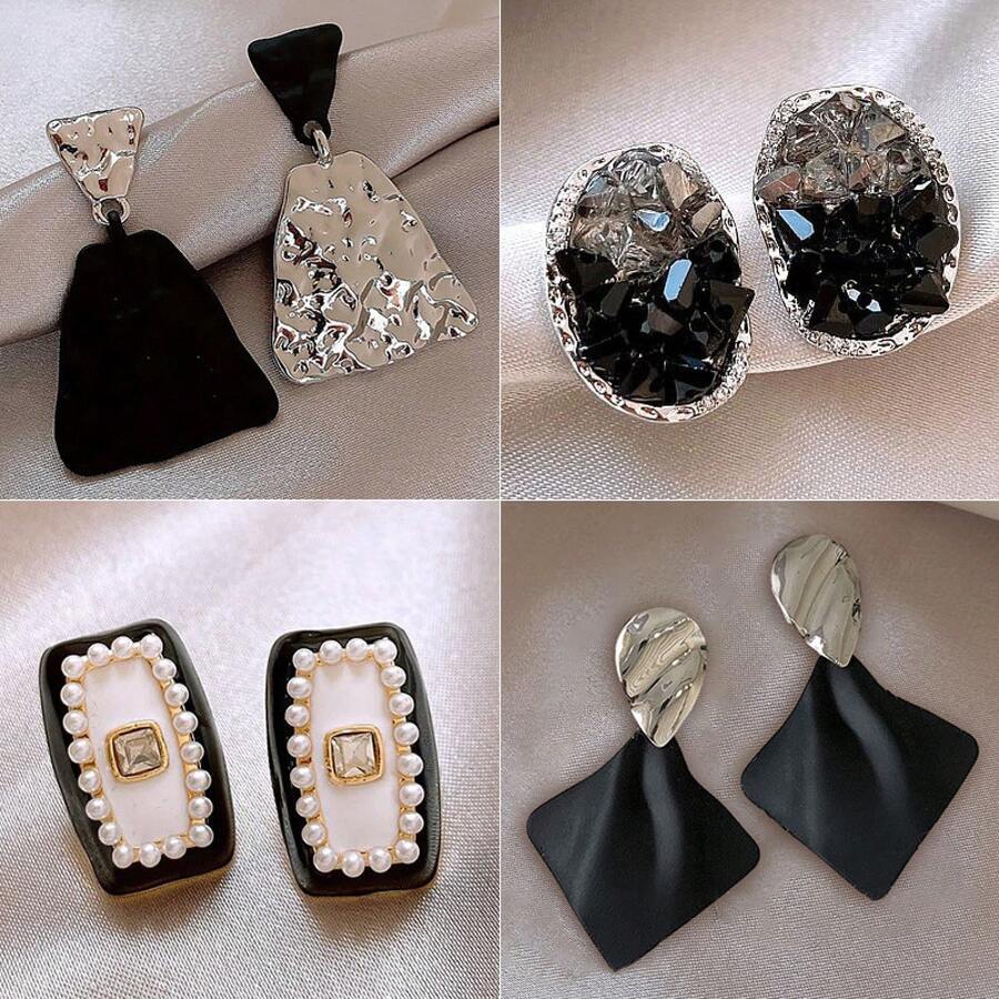 1 Pair Black Irregular Pleated Geometric Earrings With Glass Beads Elegant High-End Studs Light Luxury Versatile Ear Jewelry,Suitable For Daily Wear,Party,Date,Banquet,Valentine's Day,New Year Gift,For Women - 32 - 查看 1
