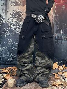 1件男士Y2K前卫迷彩拼接工装牛仔裤，宽松阔腿多口袋牛仔裤，街头滑板休闲日常穿搭，多种尺码可选（不含腰带和配饰） - 黑色 - 查看 1