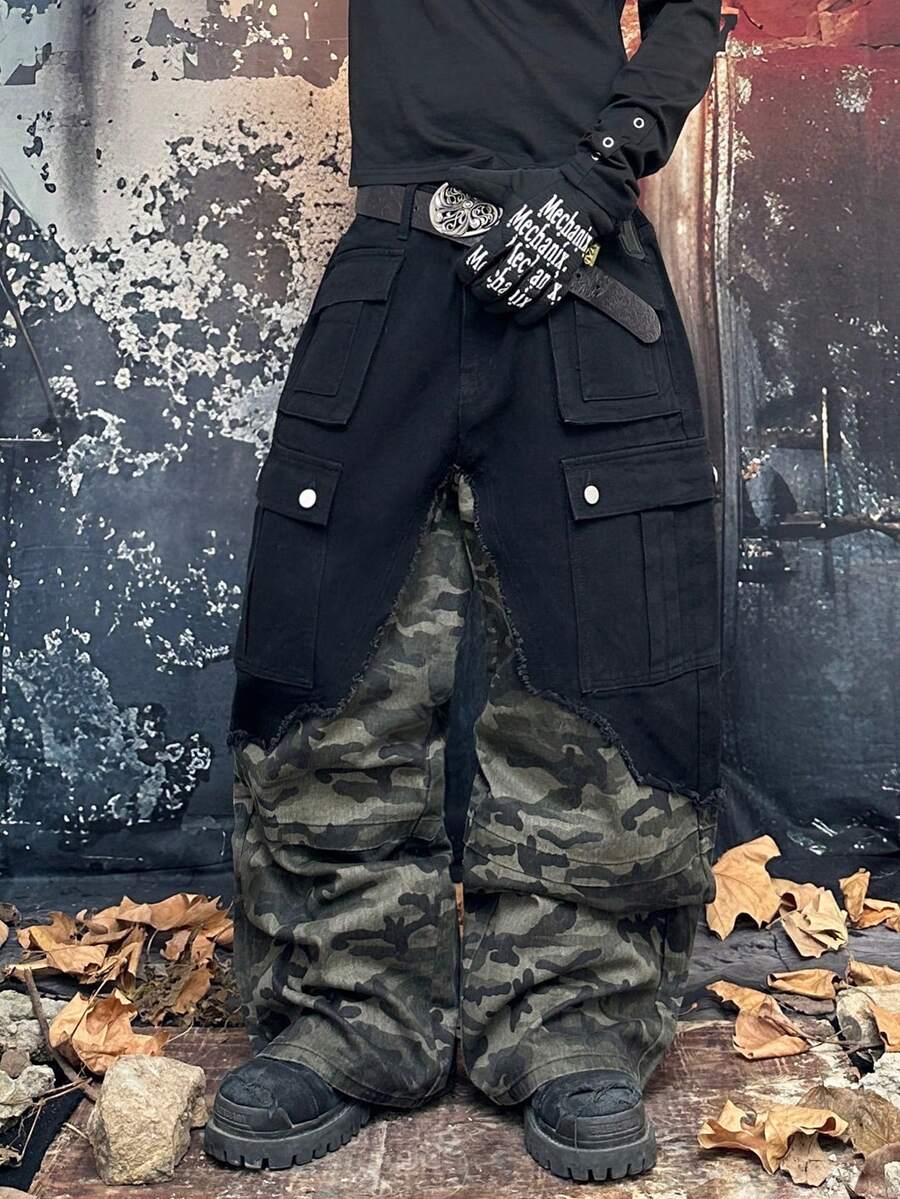 1件男士Y2K前卫迷彩拼接工装牛仔裤，宽松阔腿多口袋牛仔裤，街头滑板休闲日常穿搭，多种尺码可选（不含腰带和配饰） - 黑色 - 查看 1